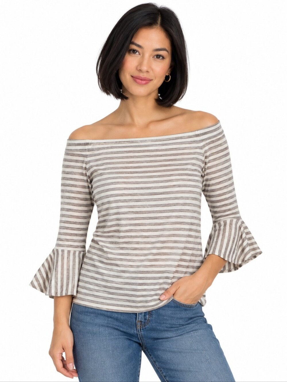 Three Dots Off Shoulder Striped Bell Sleeve Top Size L Beige White Casual